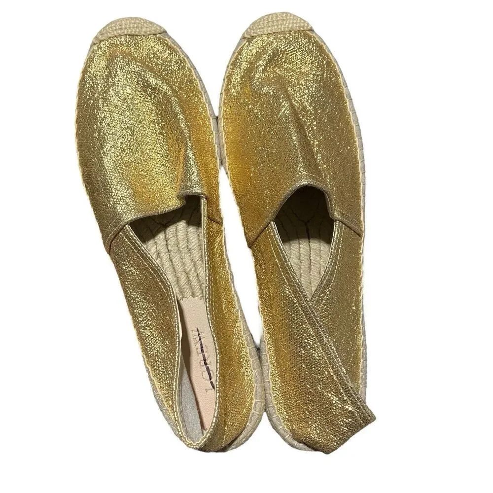 J Crew Shoes 11 Gold Flats‎ Made-in-Spain Espadrille Metallic Canvas Jute BT389